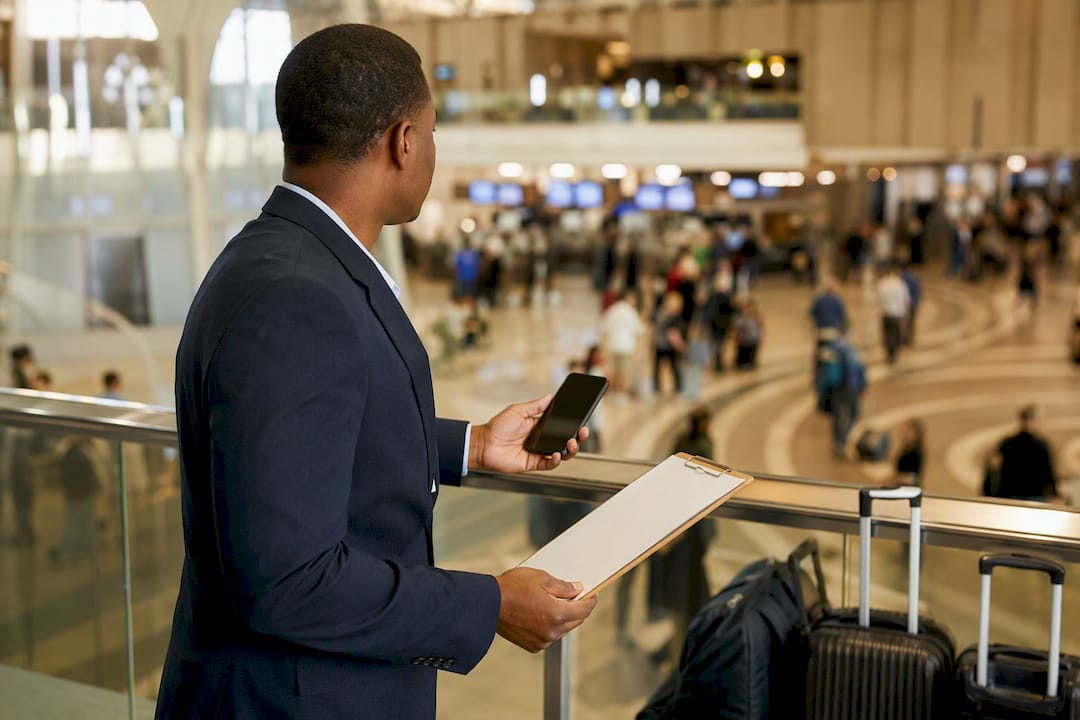 Hands holding phone next to airport pillar