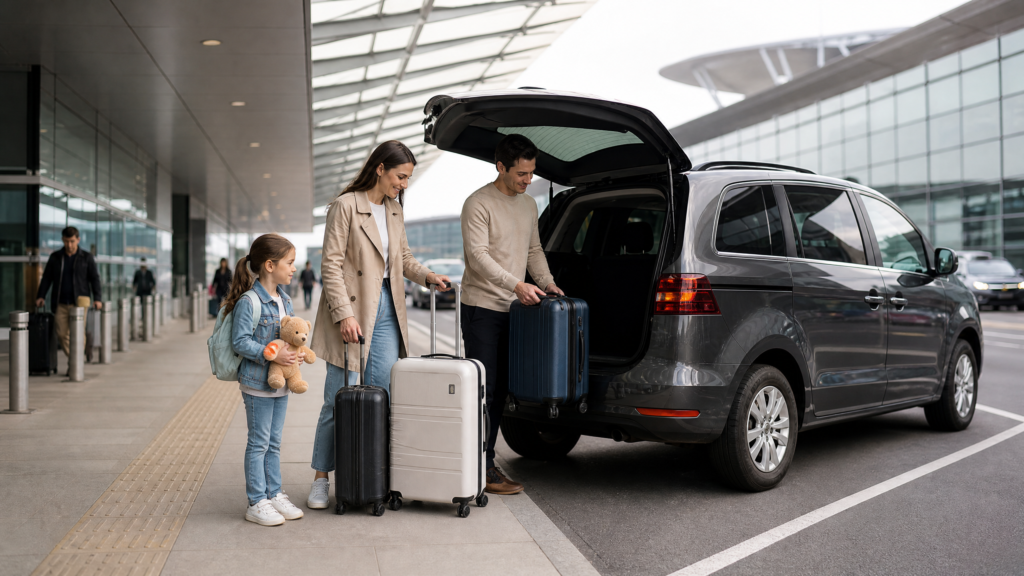 Family airport travel with children and luggage.
