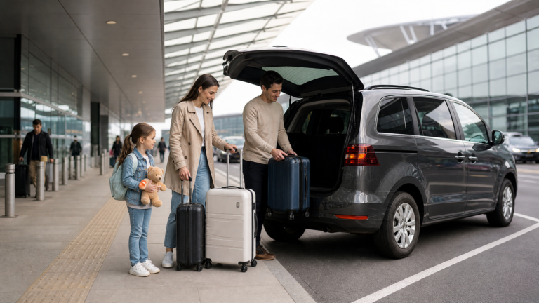 Family airport travel with children and luggage.