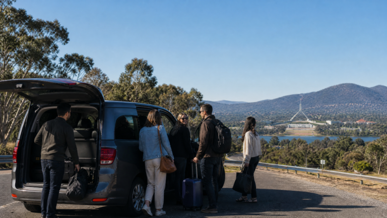 Group travel arriving in Canberra with practical luggage.