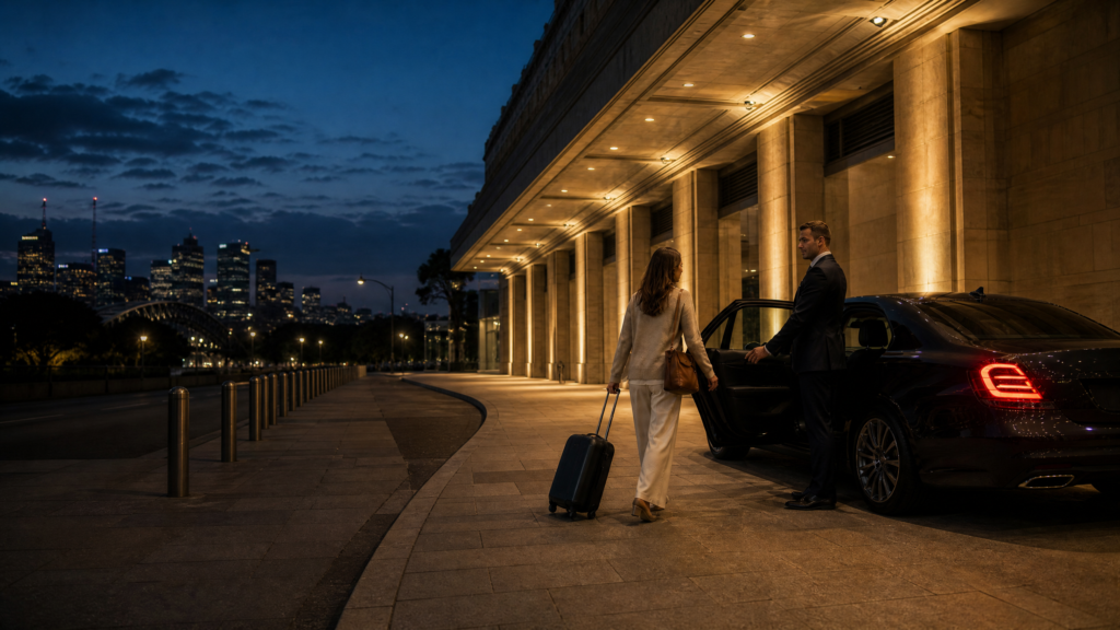 Dark sedan waiting outside a warmly lit Sydney event venue at twilight.