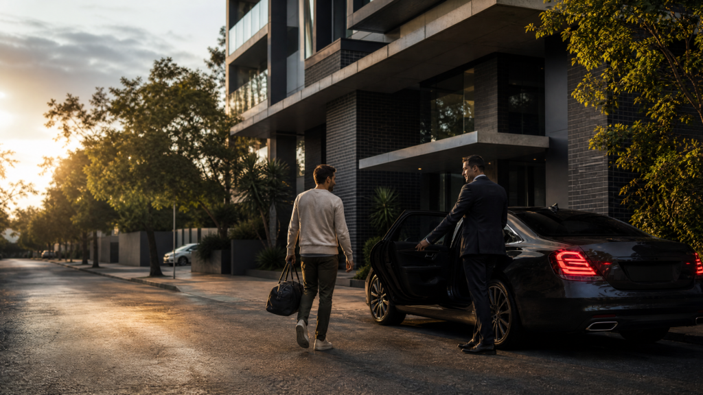 Modern dark sedan at an early-morning Sydney apartment pickup.