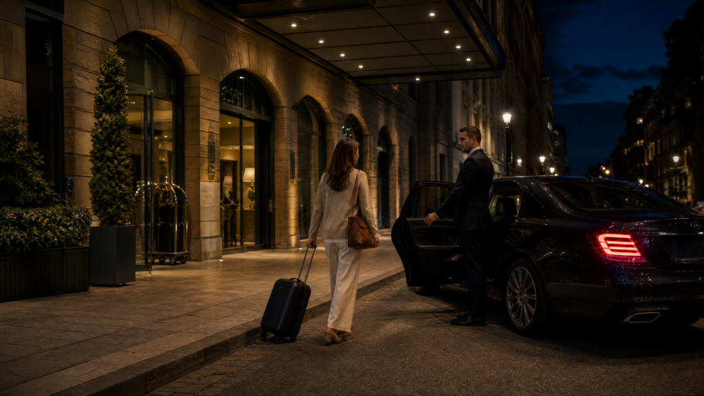 Professional driver beside a dark executive sedan outside a Sydney hotel.